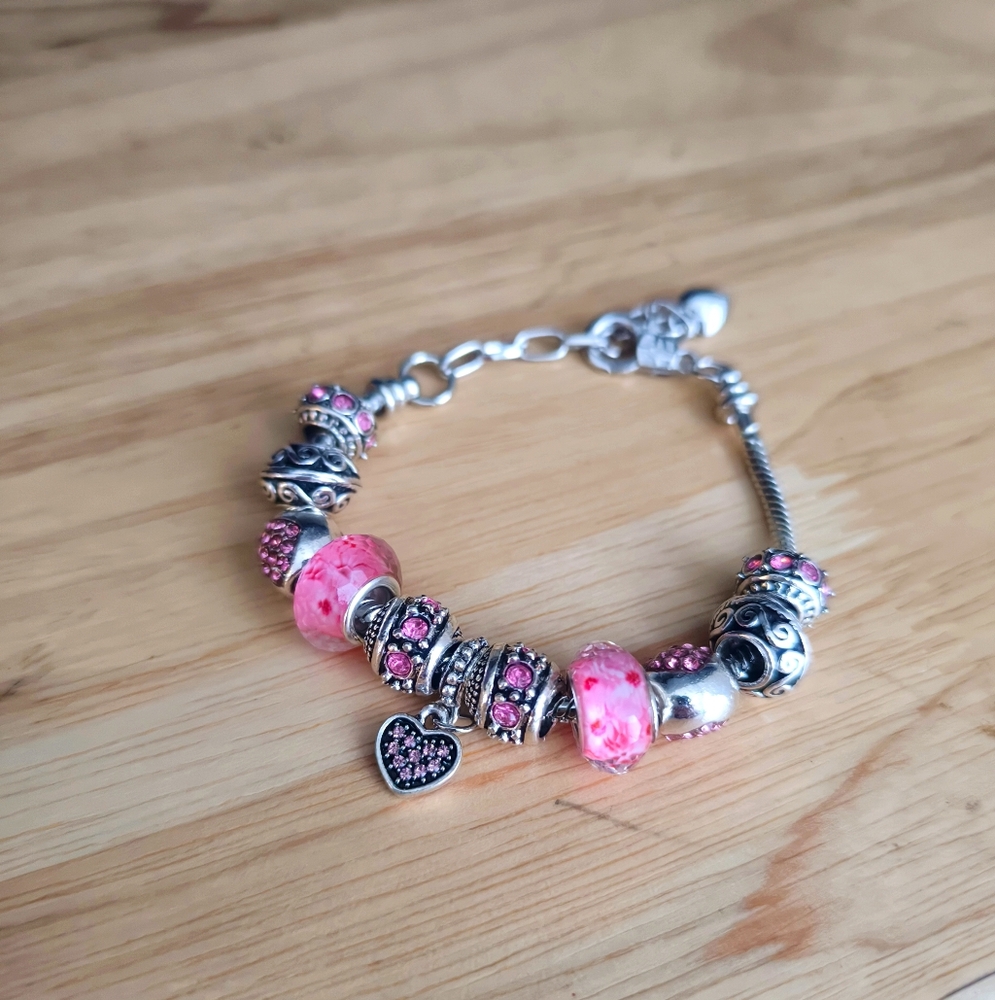 Vintage Boho Style Pink Heart Pendant Bracelet